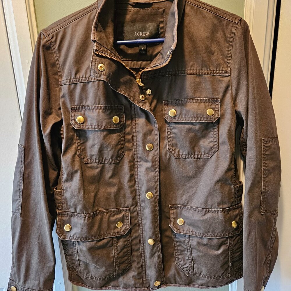 J. Crew Downtown Field Jacket Small S Waxed Cotton Zip Snaps Brown Green Barn